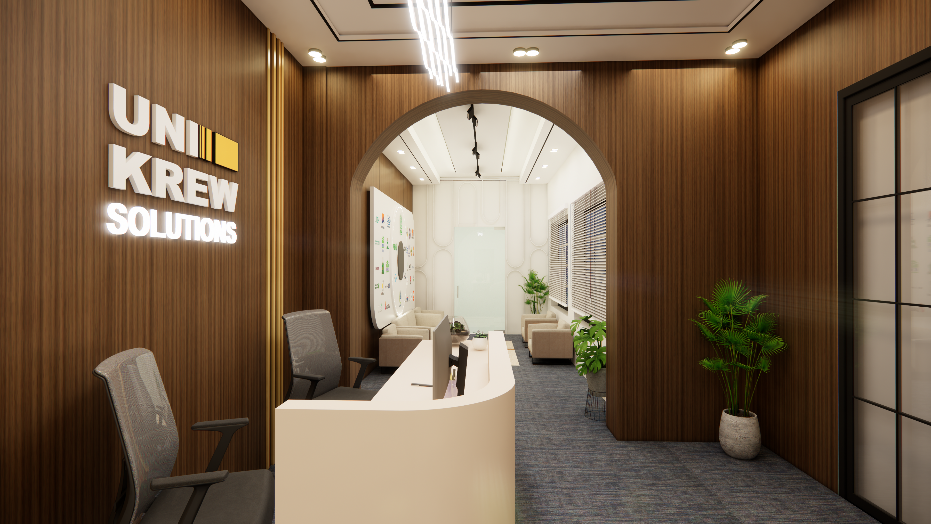 Interior office render with warm wood panels